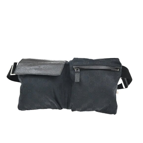 GUCCI Logo GG Pattern Bum Bag Belt Canvas Leather Black Silver Italy 89EF075 - Picture 1 of 16